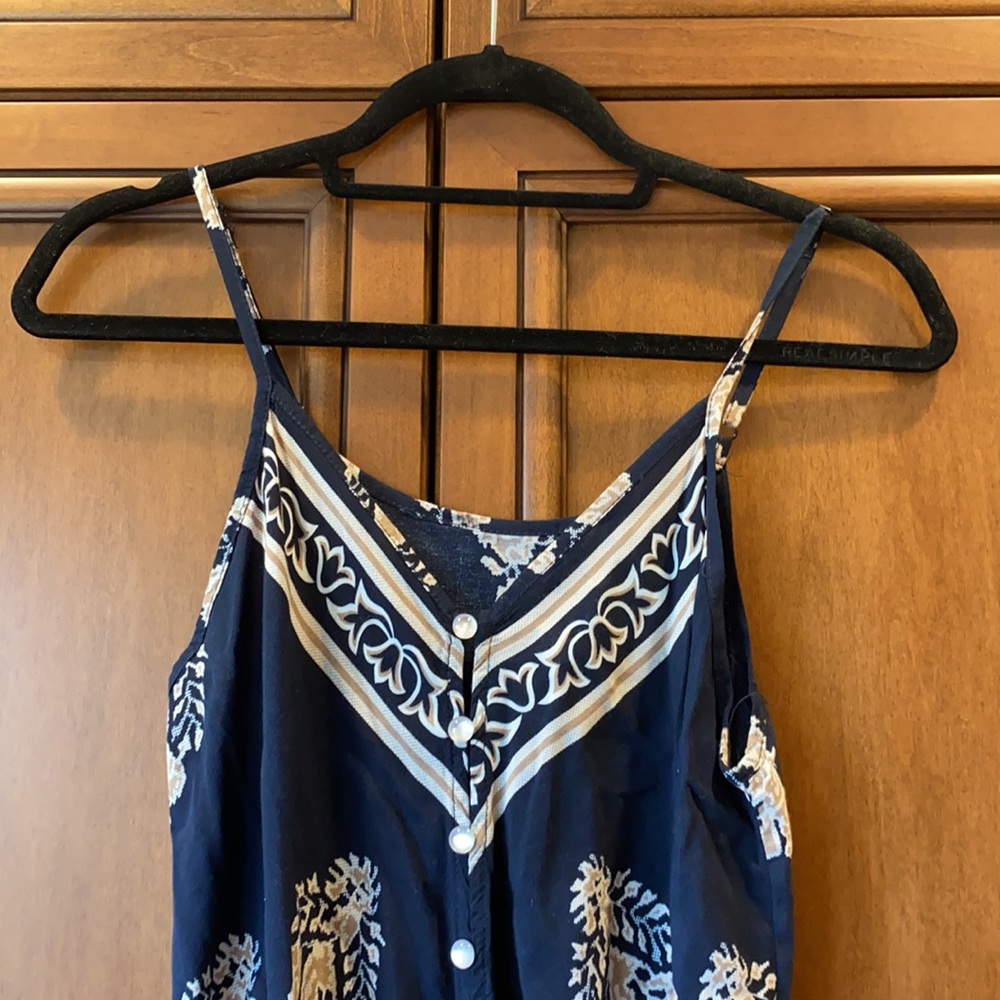 Navy and beige patterned button down Romper - Picture 2 of 4